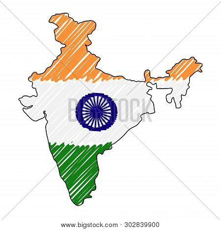 India Map Hand Drawn Sketch. Vector Concept Illustration Flag, Childrens Drawing, Scribble Map. Coun