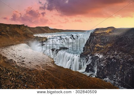 Photo Of The Gullfoss In Iceland At The Sunset Time