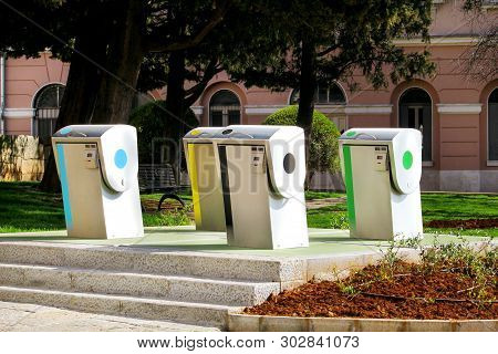 Recycling Industry. Modern Recycling Containers On The City. Refuse Bins In Traditional Europe City.