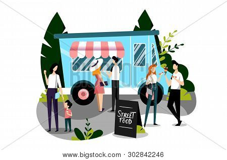 People Buying Fast Food Meals In A Food Truck. Vector Flat Colorful Illustration. Street Food Festiv