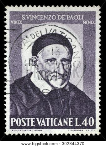 ZAGREB, CROATIA - JULY 03, 2014: A stamp issued in Vatican shows Saint Vincent de Paul, 3rd centenary of birth, circa 1960.