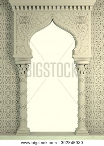 3d Illustration. Eastern Biege Arch Of The Mosaic. Carved Architecture And Classic Columns. Indian S