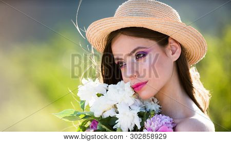 Harmony Concept. Face And Skincare. Travel In Summer. Summer Girl With Long Hair. Flowers. Woman Wit