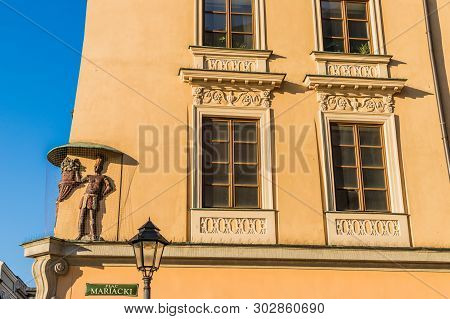 Krakow Poland. April 2019. A View Of Architectural Detail In The Medieval Old Town In Krakow Poland