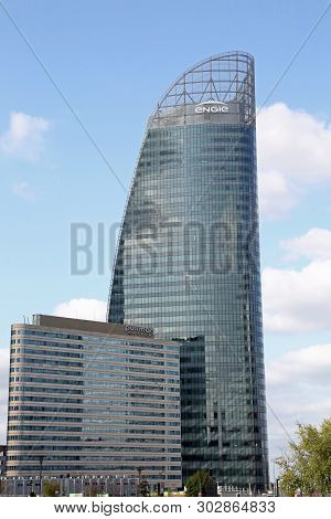 Paris, France - August 18, 2018: Large Skyscrapers With Many Windows  In La Defense Business Distrin