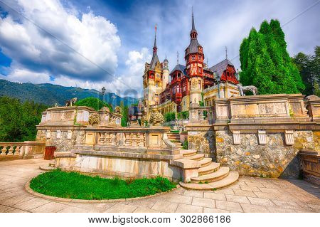Famous Neo-renaissance Peles Castle And Ornamental Garden In Sinaia Carpathian Mountains In Europe. 