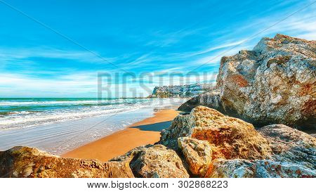 Picturesque Peschici With Wide Sandy Beach In Puglia, Adriatic Coast Of Italy. Location Peschici, Ga