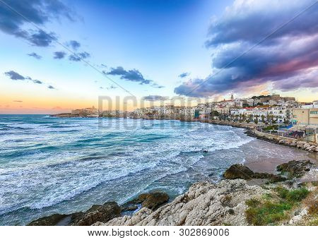 Historic Central City Of The Beautiful Town Called Vieste. View At The Coast Of Vieste On Puglia, It