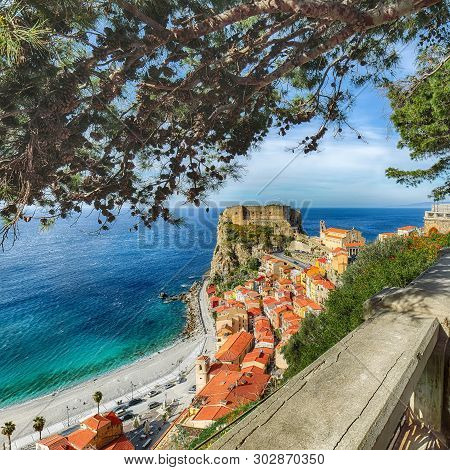 Beautiful Seaside Town Village Scilla With Old Medieval Castle On Rock Castello Ruffo, Colorful Trad