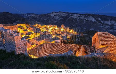 Sunrise Over Old Famous Medieval Village Stilo In Calabria. View On City And Valley. Southern Italy.