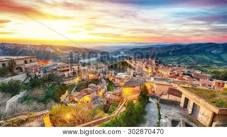 Sunrise Over Old Famous Medieval Village Stilo In Calabria. View On City And Valley. Southern Italy.