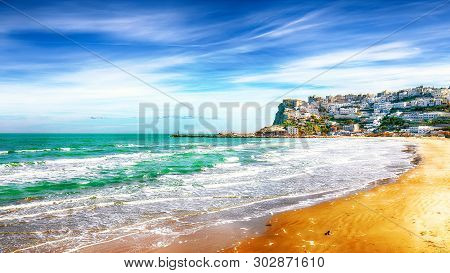 Picturesque Peschici With Wide Sandy Beach In Puglia, Adriatic Coast Of Italy. Location Peschici, Ga