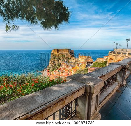 Beautiful Seaside Town Village Scilla With Old Medieval Castle On Rock Castello Ruffo, Colorful Trad