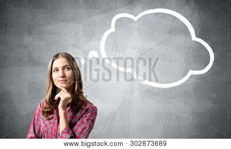 Brown Haired Woman Looks Pensive Upwards And Tries To Remember Something. Blank Speech Bubble Illust