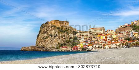Beautiful Seaside Town Village Scilla With Old Medieval Castle On Rock Castello Ruffo, Colorful Trad