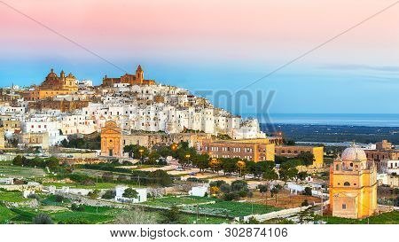 Ostuni White Town Skyline And Madonna Della Grata Church, Brindisi, Apulia Southern Italy. Europe.