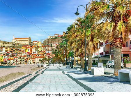 Beautiful Seaside Town Village Scilla With Old Medieval Castle On Rock Castello Ruffo, Colorful Trad