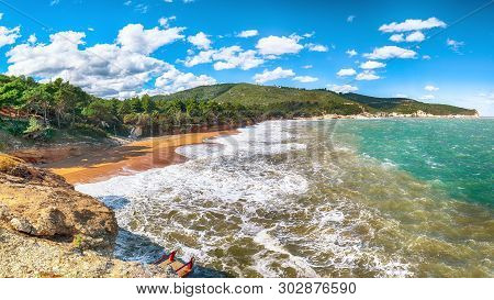 Above The Cliffs At The Coastline Of Vieste. Summer Rocky Sea Coast Baia Di Campi Vieste On The Garg