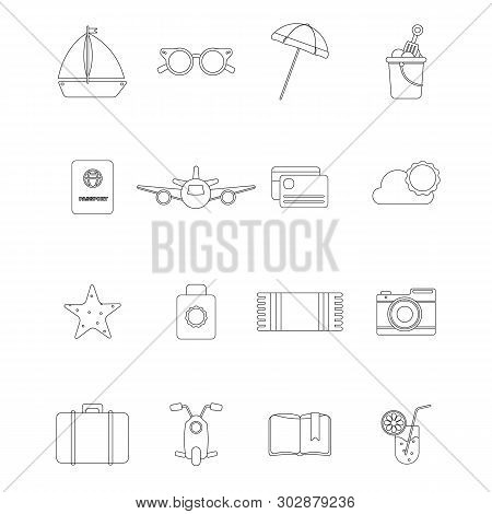 Vector Illustration. Set With Different Summer Icons, Such As: Ship, Sunglasses, Umbrella, Sun And C