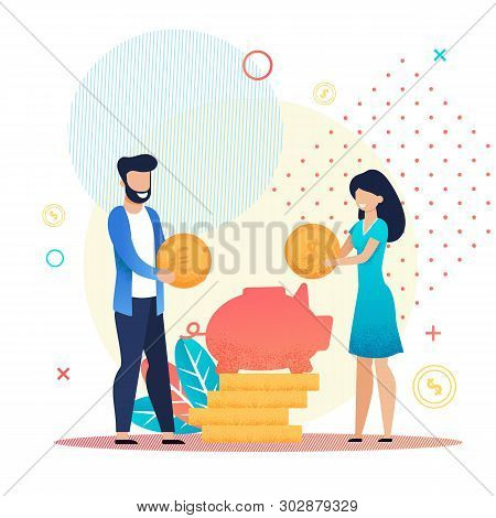 Married Couple Save Coins In Piggy Bank Metaphor Cartoon. Family Budget, Home Savings And Investment