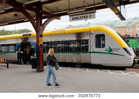 Karlstad, Sweden - May 21, 2019: One Public Transportation Train At The Karlstad Central Station Pla