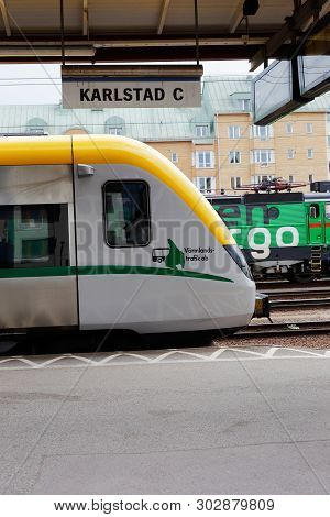 Karlstad, Sweden - May 21, 2019: One Public Transportation Train At The Karlstad Central Station Pla