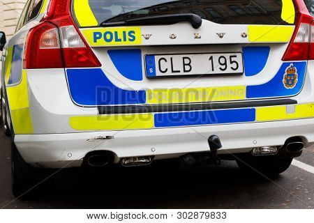 Karlstad, Sweden - May 21, 2019: Rear View Of A Swedish Police Car Usedfor Police Training.