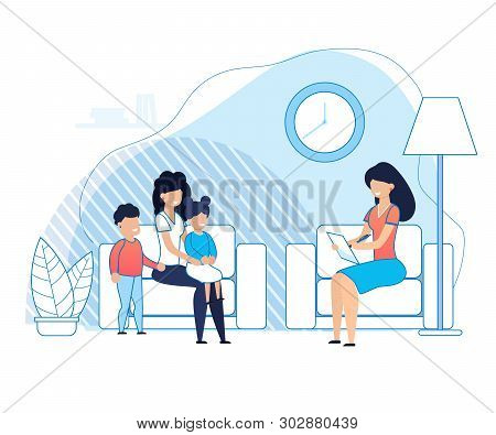 Mother With Kids On Psychologist Consultation Cartoon. Problem Solving Between Parents And Children 