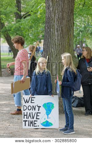 Stockholm, Sweden - May 24, 2019: Kids Holding A Poster In The Global Strike For Future, A Demonstra