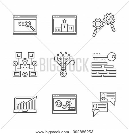 Seo Line Icons Set. Seo Related Vector Line Icon. Isolated On White Background. Social Chanels, Keyw
