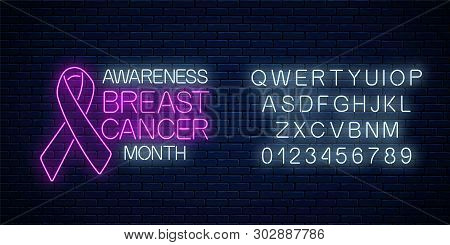Glowing Neon Sign Of Breast Canser Awareness Month In October With Alphabet. Neon Poster Design With