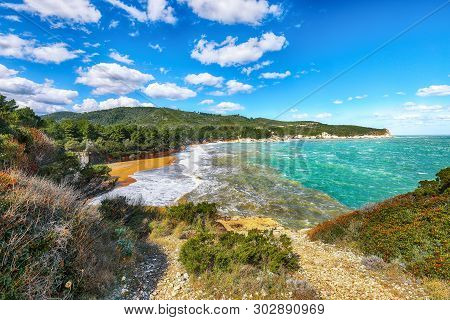 Above The Cliffs At The Coastline Of Vieste. Summer Rocky Sea Coast Baia Di Campi Vieste On The Garg
