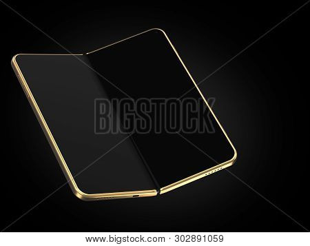 Concept Of Foldable Smartphone Folding On The Longer Side. Flexible Smartphone Isolated On Black Bac