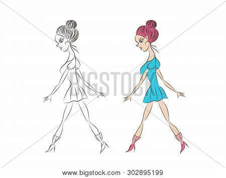 Stylish Beautiful Girl In Blue Dress. Fashion Woman. Sketch. Vector Illustration. Women Walking. Han
