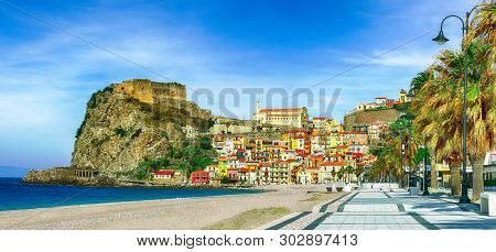 Beautiful Seaside Town Village Scilla With Old Medieval Castle On Rock Castello Ruffo, Colorful Trad