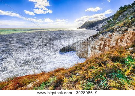 Above The Cliffs At The Coastline Of Vieste. Summer Rocky Sea Coast Baia Di Campi Vieste On The Garg