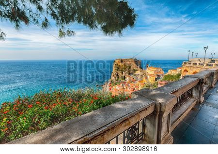 Beautiful Seaside Town Village Scilla With Old Medieval Castle On Rock Castello Ruffo, Colorful Trad