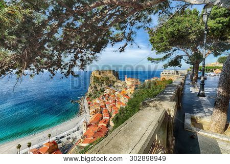 Beautiful Seaside Town Village Scilla With Old Medieval Castle On Rock Castello Ruffo, Colorful Trad