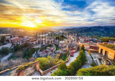 Sunrise Over Old Famous Medieval Village Stilo In Calabria. View On City And Valley. Southern Italy.