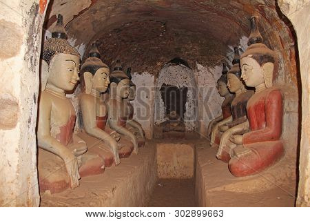 Old Buddha Statues At Pho Win Taung Caves, Monywa City, Sagaing State, Myanmar, Asia.