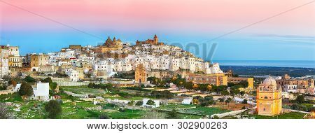 Ostuni White Town Skyline And Madonna Della Grata Church, Brindisi, Apulia Southern Italy. Europe.
