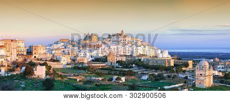 Ostuni White Town Skyline And Madonna Della Grata Church, Brindisi, Apulia Southern Italy. Europe.
