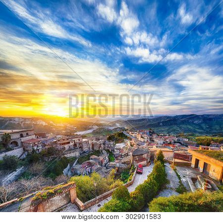 Sunrise Over Old Famous Medieval Village Stilo In Calabria. View On City And Valley. Southern Italy.