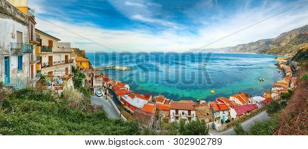 Beautiful Seaside Town Village Scilla With Old Medieval Castle On Rock Castello Ruffo, Colorful Trad