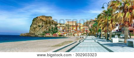 Beautiful Seaside Town Village Scilla With Old Medieval Castle On Rock Castello Ruffo, Colorful Trad