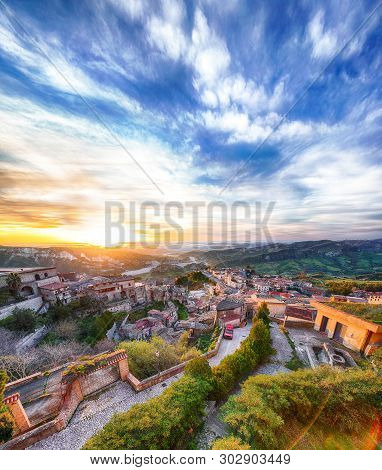 Sunrise Over Old Famous Medieval Village Stilo In Calabria. View On City And Valley. Southern Italy.