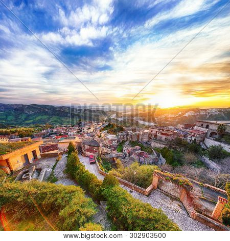 Sunrise Over Old Famous Medieval Village Stilo In Calabria. View On City And Valley. Southern Italy.