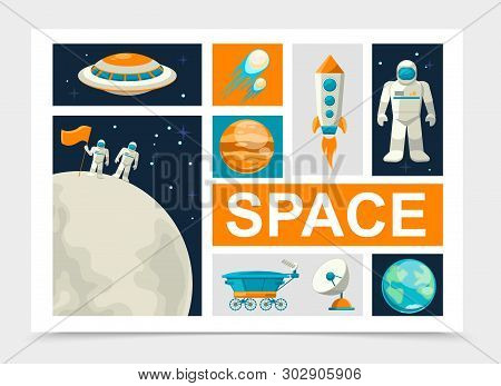 Flat Space Elements Set With Astronauts Standing On Moon Surface Rocket Comets Earth And Mars Planet