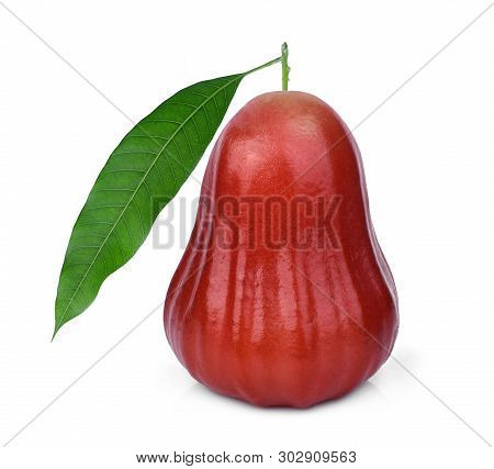 Whole Rose Apple Or Chomphu With Green Leaf Isolated On White Background