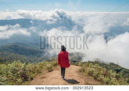 Women Standing On The Top Of Kiw Mae Pan Ridge In The Winter Season Of Chiang Mai Province Of Thaila